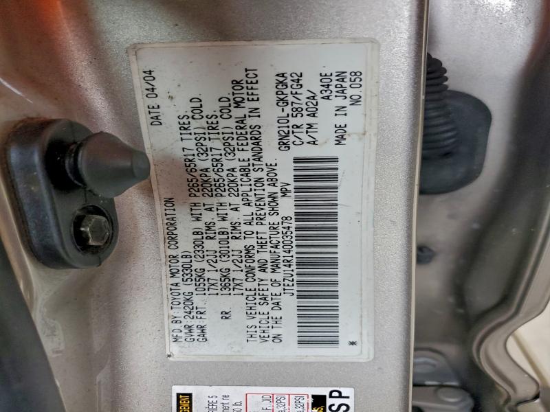 Aukcja sprzedaży 2004 Toyota 4runner, vin: JTEZU14R140035478, numer aukcji: 96464785