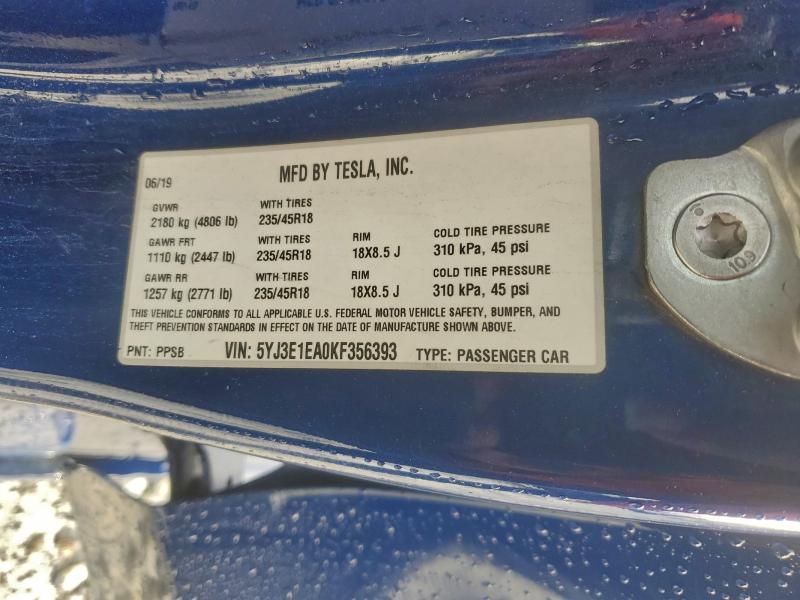 2019 Tesla Model 3 მანქანა იყიდება აუქციონზე, vin: 5YJ3E1EA0KF356393, აუქციონის ნომერი: 94865665