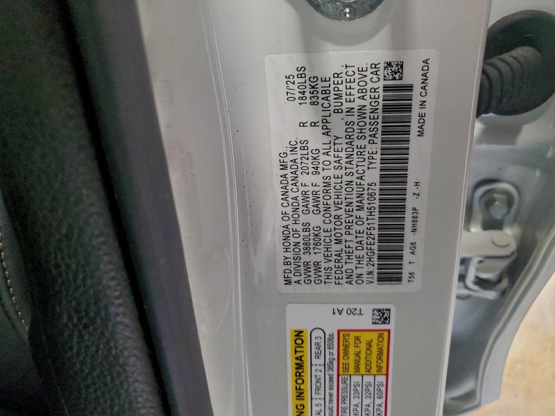 Продаж на аукціоні авто 2026 Honda Civic, vin: 2HGFE2F51TH510675, номер лоту: 96885105