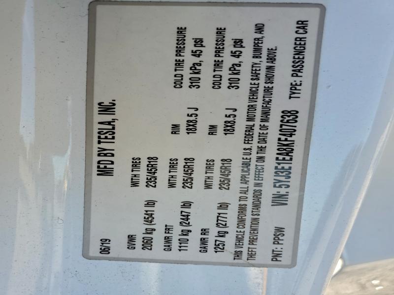 Aukcja sprzedaży 2019 Tesla Model 3, vin: 5YJ3E1EA8KF407638, numer aukcji: 98060615