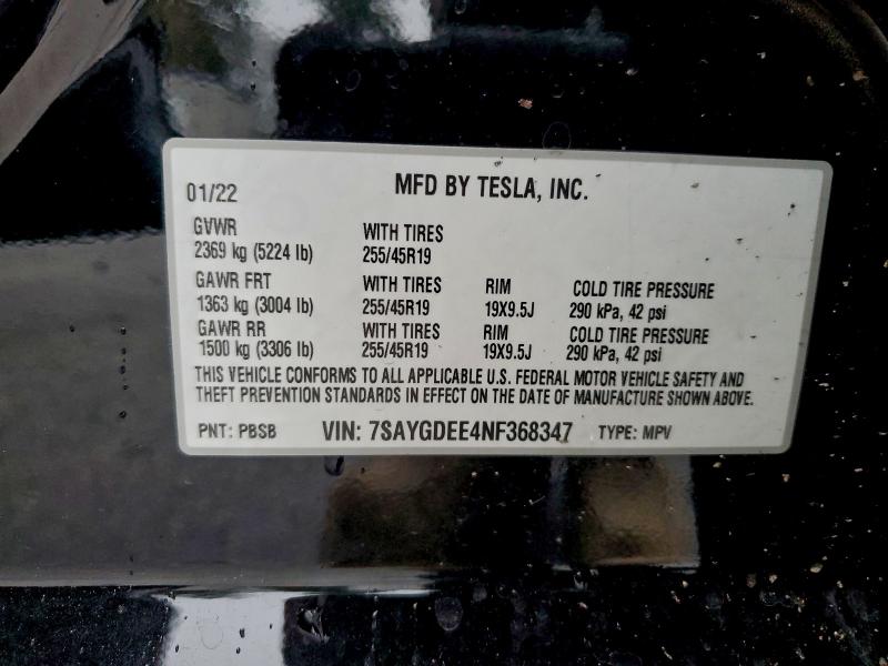 Продажа на аукционе авто 2022 Tesla Model Y, vin: 7SAYGDEE4NF368347, номер лота: 95792665