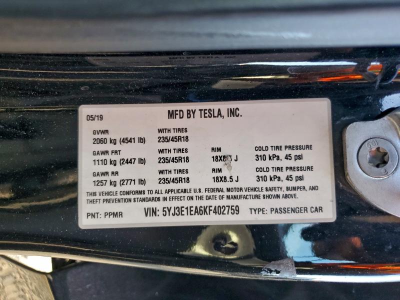 2019 Tesla Model 3 მანქანა იყიდება აუქციონზე, vin: 5YJ3E1EA6KF402759, აუქციონის ნომერი: 95089495