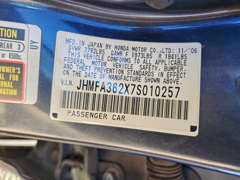 2007 Honda Civic მანქანა იყიდება აუქციონზე, vin: JHMFA362X7S010257, აუქციონის ნომერი: 94692935