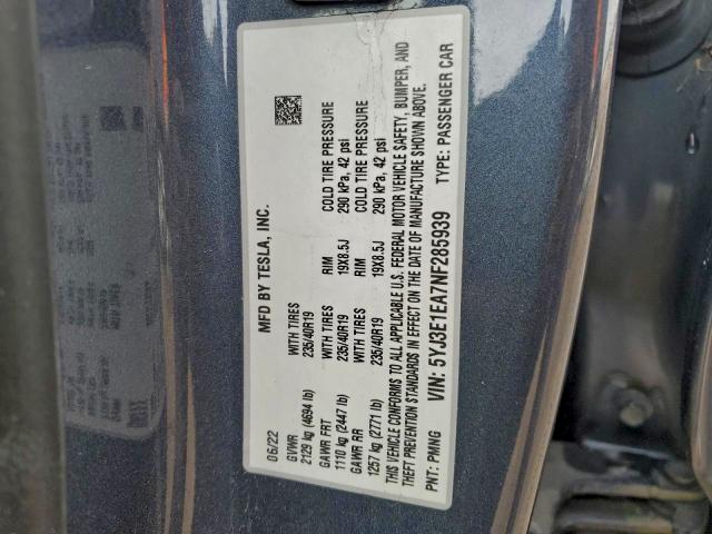 Aukcja sprzedaży 2022 Tesla Model 3, vin: 5YJ3E1EA7NF285939, numer aukcji: 97258535