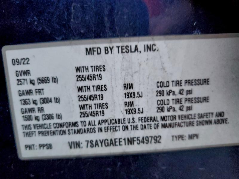 Продажа на аукционе авто 2022 Tesla Model Y, vin: 7SAYGAEE1NF549792, номер лота: 98250525