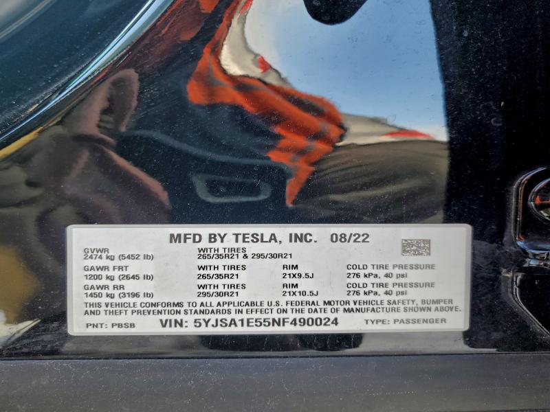 Продажа на аукционе авто 2022 Tesla Model S, vin: 5YJSA1E55NF490024, номер лота: 96805805
