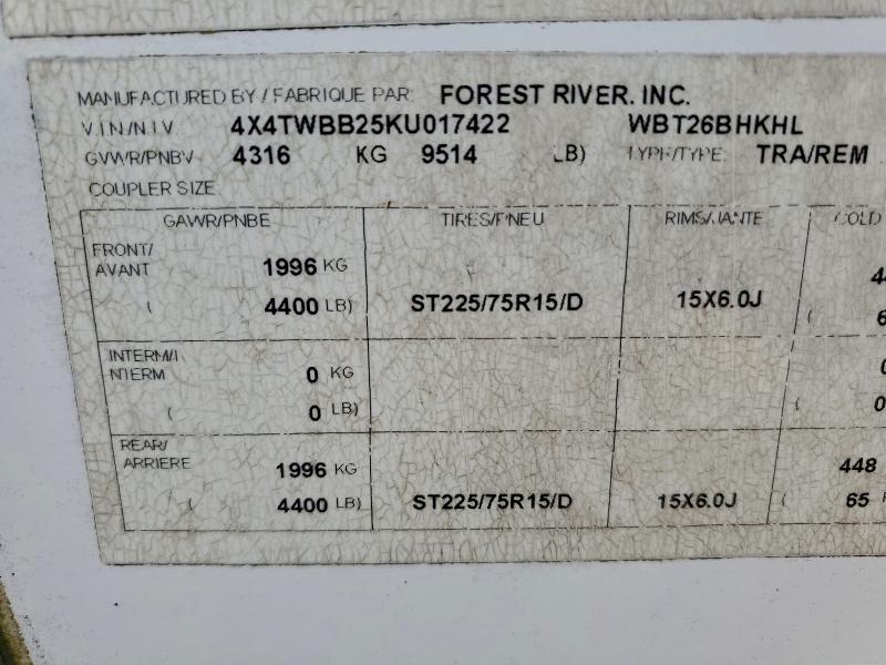 2019 Fore Heritage Glen Lite S მანქანა იყიდება აუქციონზე, vin: 4X4TWBB25KU017422, აუქციონის ნომერი: 95696715