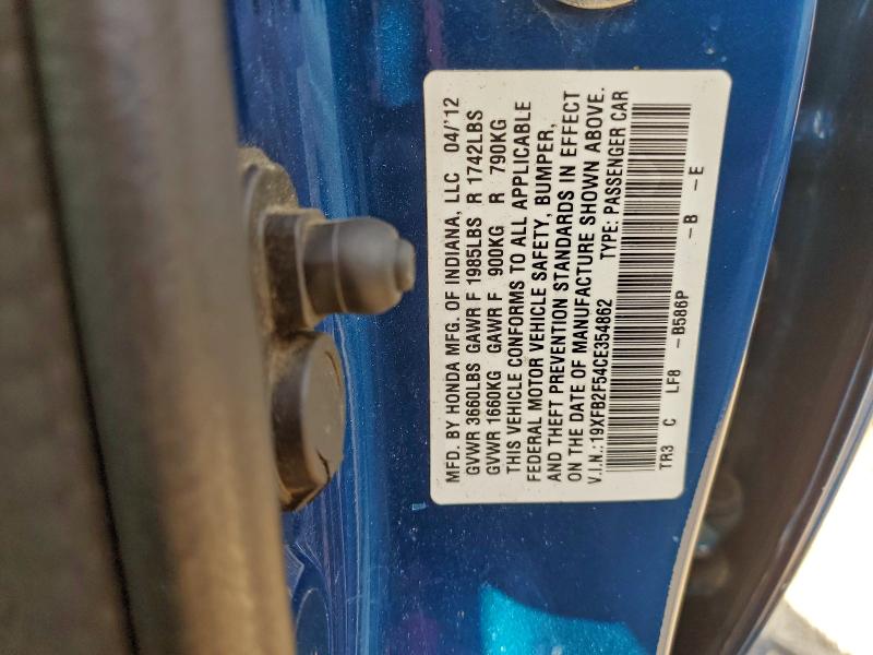 Продаж на аукціоні авто 2012 Honda Civic, vin: 19XFB2F54CE354862, номер лоту: 94528105