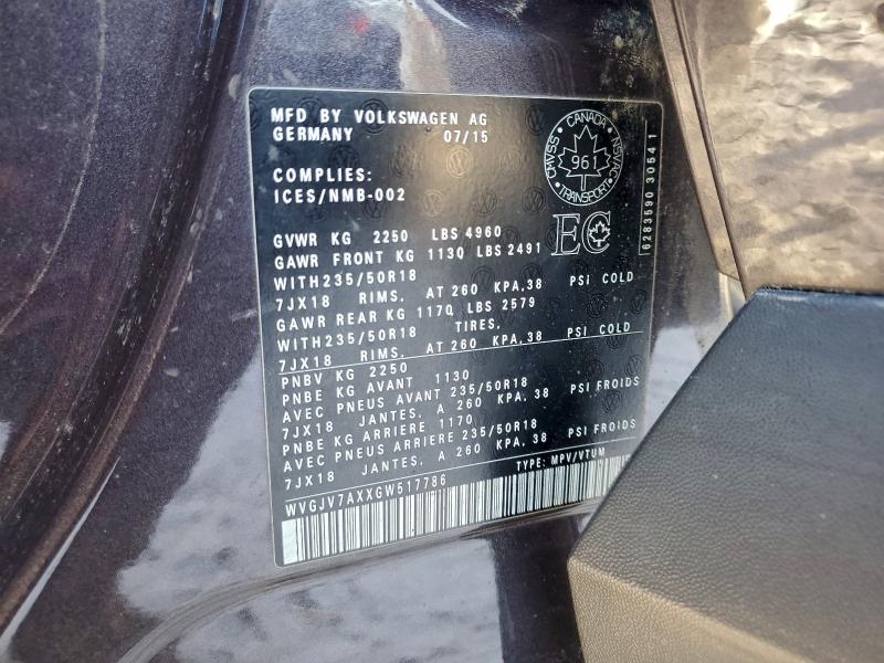 Продаж на аукціоні авто 2016 Volkswagen Tiguan, vin: WVGJV7AXXGW517786, номер лоту: 96739175