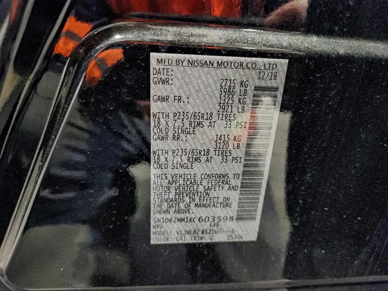 98082455 :رقم المزاد ، 5N1DR2MM1KC603598 vin ، 2019 Nissan Pathfinder مزاد بيع