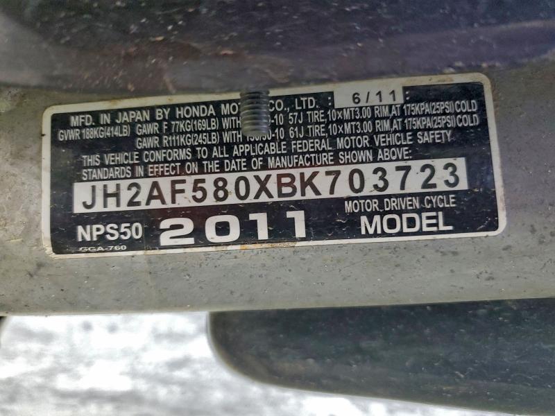 2011 Honda Nps50 მანქანა იყიდება აუქციონზე, vin: JH2AF580XBK703723, აუქციონის ნომერი: 97520515