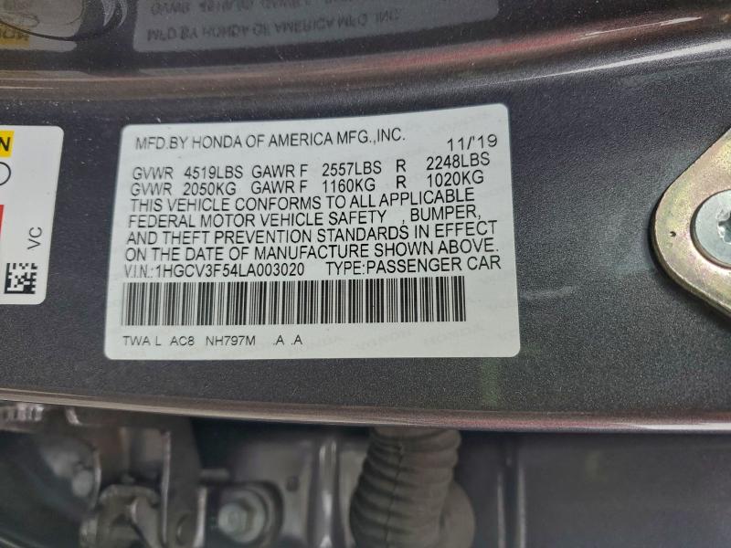 2020 Honda Accord მანქანა იყიდება აუქციონზე, vin: 1HGCV3F54LA003020, აუქციონის ნომერი: 95447905