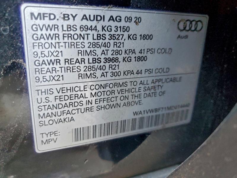 Продаж на аукціоні авто 2021 Audi Sq7, vin: WA1VWBF71MD014440, номер лоту: 95447915