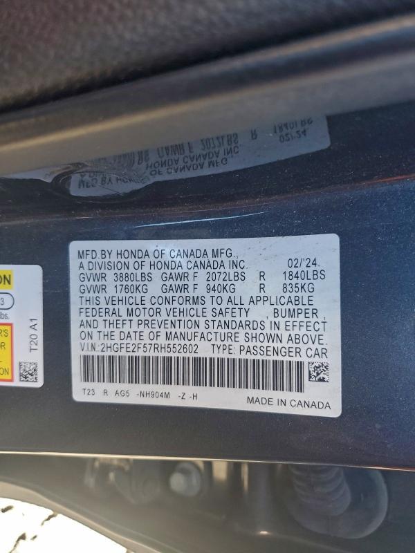Auction sale of the 2024 Honda Civic, vin: 2HGFE2F57RH552602, lot number: 94961685