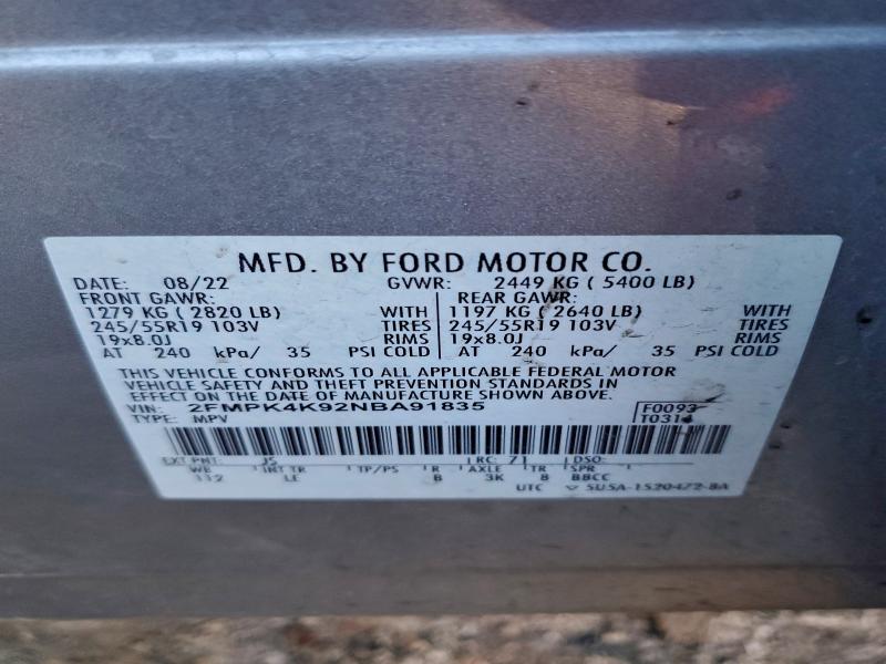 2022 Ford Edge მანქანა იყიდება აუქციონზე, vin: 2FMPK4K92NBA91835, აუქციონის ნომერი: 95783215
