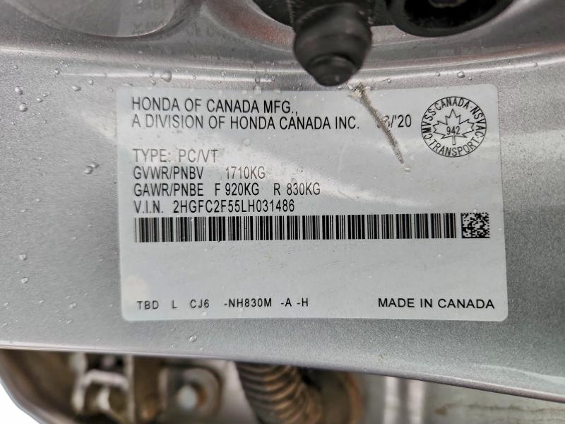 2020 Honda Civic მანქანა იყიდება აუქციონზე, vin: 2HGFC2F55LH031486, აუქციონის ნომერი: 95320475