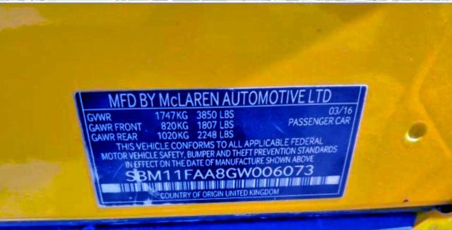 98726235 :رقم المزاد ، SBM11FAA8GW006073 vin ، 2016 Mclaren Automotive 650s Spide مزاد بيع