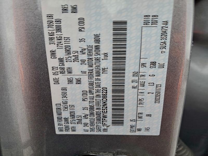 Продажа на аукционе авто 2022 Ford F150 Super, vin: 1FTFW1E52NKD88220, номер лота: 97649295