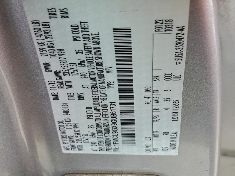 Продажа на аукционе авто 2016 Ford Escape Se, vin: 1FMCU9GX9GUB61731, номер лота: 95561345