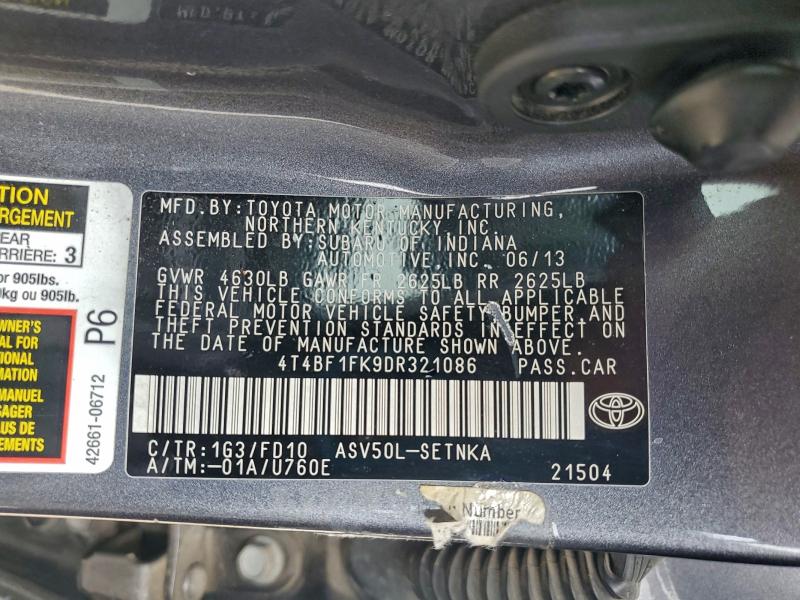 2013 Toyota Camry მანქანა იყიდება აუქციონზე, vin: 4T4BF1FK9DR321086, აუქციონის ნომერი: 97229845