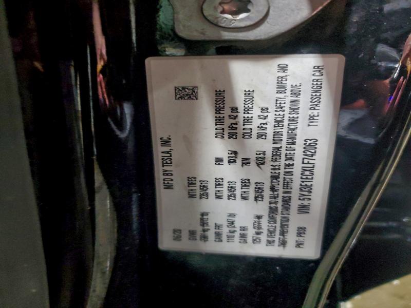 95852655 :رقم المزاد ، 5YJ3E1ECXLF742063 vin ، 2020 Tesla Model 3 مزاد بيع
