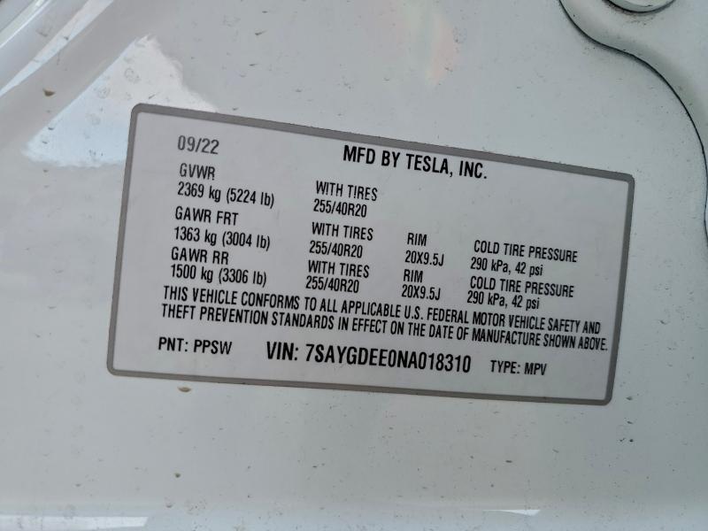 2022 Tesla Model Y მანქანა იყიდება აუქციონზე, vin: 7SAYGDEE0NA018310, აუქციონის ნომერი: 96528035
