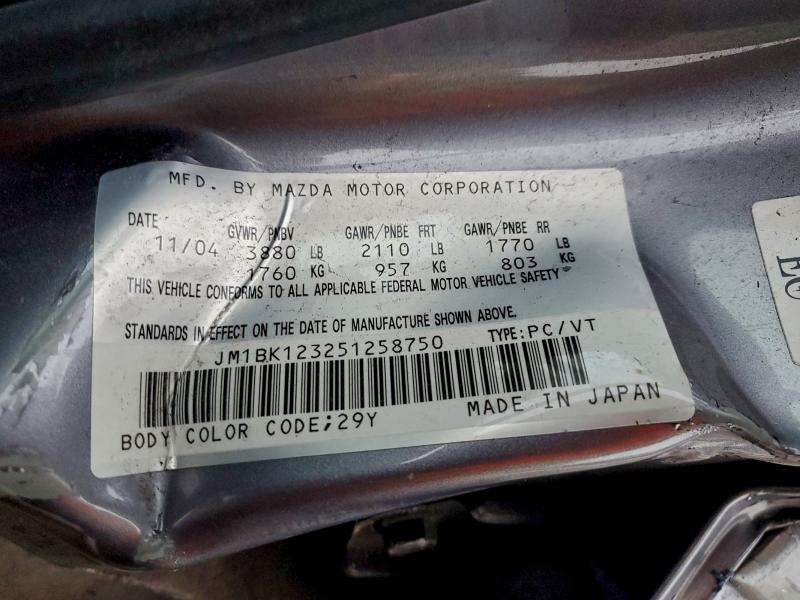 95098905 :رقم المزاد ، JM1BK123251258750 vin ، 2005 Mazda 3 مزاد بيع